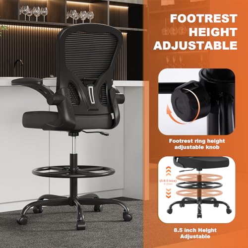 Synorla Ergonomic Drafting Chair with Mesh Back & Flip-Up Arms - Adjustable Office Stool