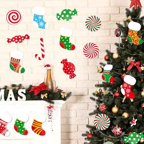 76 Pcs Christmas Cutouts Christmas Decorations Candy Cutouts Xmas Bulletin Board Decor for Classroom Xmas Stocking Wall Cutout Holiday Party Decor Decorations for Home Classroom