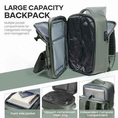 VGCUB Travel Vacpack Backpack with Electric Pump Vacuum System Storage Compression Carry on Laptop Work Business Waterproof College Backpack with Combination Lock for Women Men Green