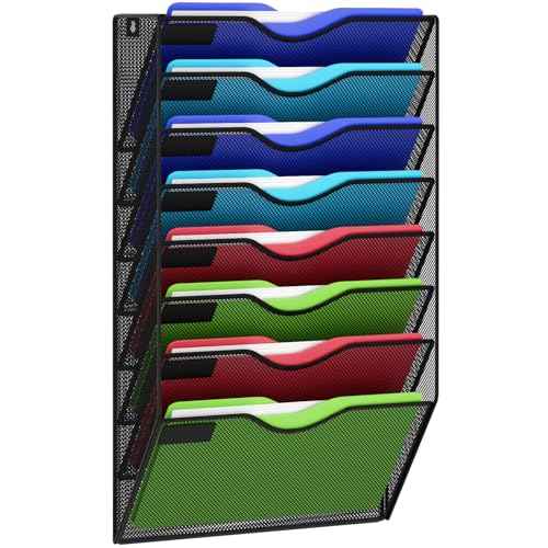 8 Pockets Mesh Hanging Wall File Holder Organizer Wall Mounted Paper Magazine Rack, Black