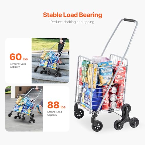 VEVOR Grocery Shopping Cart, 45L Stair Climbing Shopping Cart with 360¡Æ Rolling Swivel Wheels, Stair Climber Utility Cart with Tri-Wheels, Foldable Collapsible & Lightweight for Laundry Travel, Silver