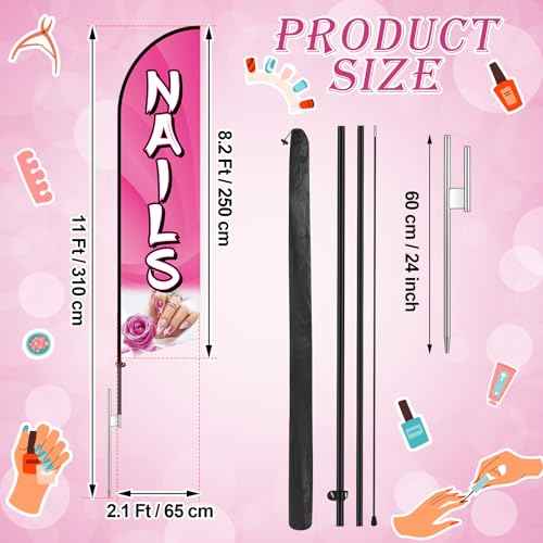 Nails Feather Flag 11 Ft Advertising Swooper Flag Banner with Flag Pole and Ground Stake Windless Shop Sign for Retail Store Outdoor Business