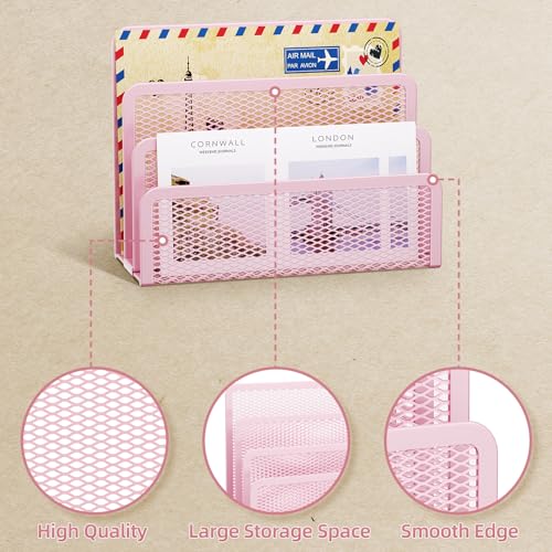Pink Desk Mail Organizer with 3 Mesh Slots - Office Letter & Document Holder