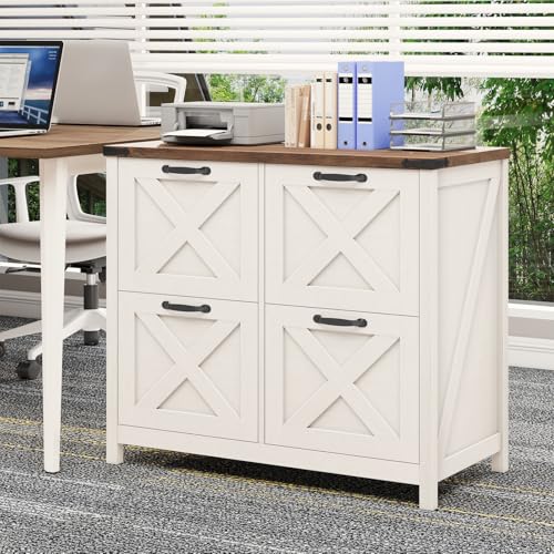 Halitaa Farmhouse Lateral File Cabinet with 4 Drawers – Rustic White and Brown
