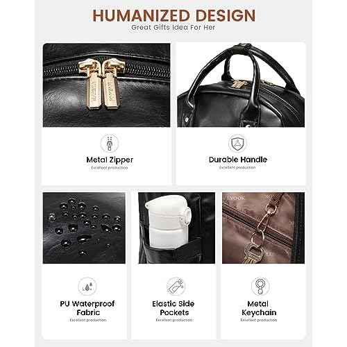 LOVEVOOK Vintage PU Leather 15.6 inch Women's Laptop Backpack, Black, 25L, Water Resistant, USB Charging Port
