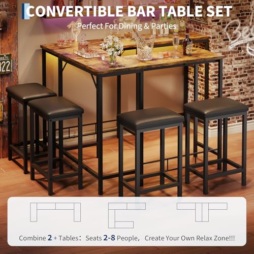 Garvee Rustic 63'' L-Shaped Bar Table 2 Stools Set with Built-in Outlets - Left/Right/Straight Convertible