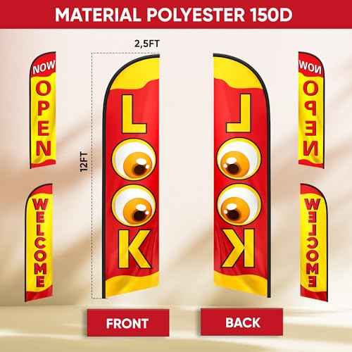Open Flags for Businesses, Advertising Flags for Outside, Restaurant and House, Look, Welcome, Now Open Banner, Set of Three Feather Flag 12ft x 2.5ft (Pole not included)