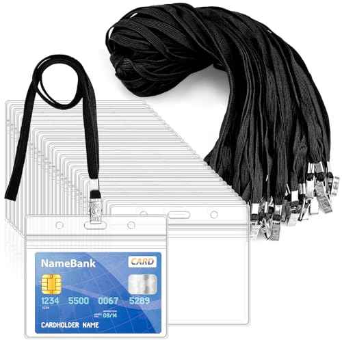 30Pcs Lanyards for Id Badges and 30 Pcs Clear Plastic Horizontal Name Badge ID Card Holders, Neck Lanyards with Metal Clip Waterproof Resealable Name Tag Badge ID Card Holders, Black