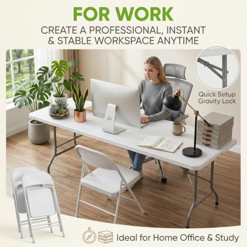 VISTACASA Heavy-Duty 8ft Folding Table White, 96in Long, 500 lb Capacity