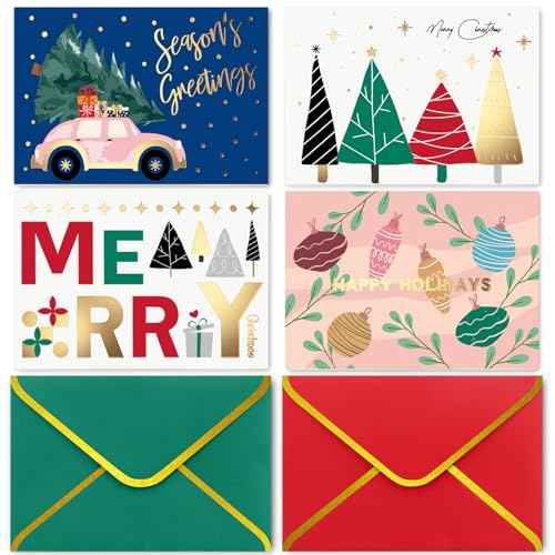 Christmas Cards with Envelopes (Foiled, Red & Green), 24 Gold Foil Holiday Cards Boxed with Non-religious Messages inside, Xmas Card Bulk for Coworkers, Family, Friends, Kids, 6"¡¿4" Folded