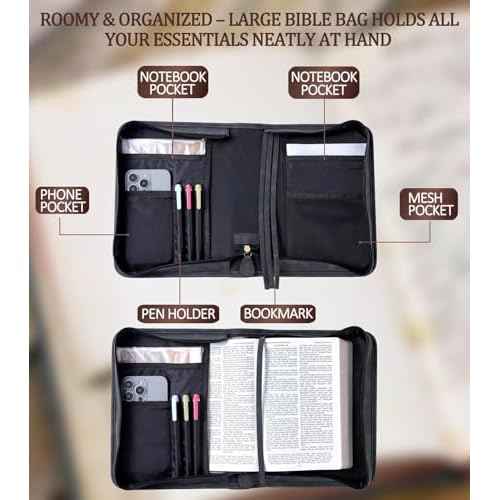 Vegan Leather Bible Cover Case, Bible Bag with Phone Pocket, Bible Case for Men Women, Christian Gift Box Packaging (Black, Large)