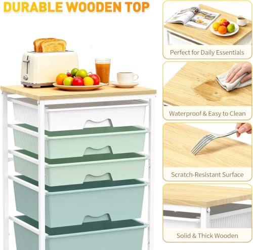 SUNALLY Green 5-Drawer Rolling Storage Cart with Wooden Top & Locking Wheels