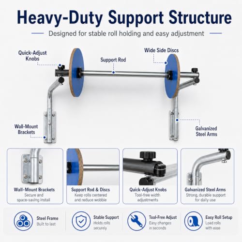 Wall Mount Bubble Wrap Dispenser for 15.75-inch Rolls - Heavy-Duty Steel & Adjustable Side Baffles