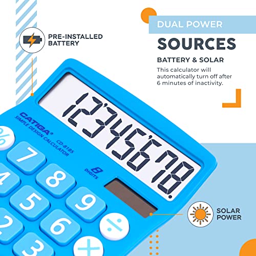 CATIGA Blue 8-Digit Desktop Calculator with Solar Power & LCD Display, Large Buttons, for Home Office School & Business, Model CD-8185