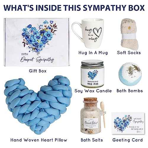 Sympathy Gift Baskets, Condolences Memorial Gifts for Bereavement Grief - Sorry for Your Loss Thinking of You Box, Grieving Care Package for Women Men Friends, in Memory of Loved One(Blue Pillow)
