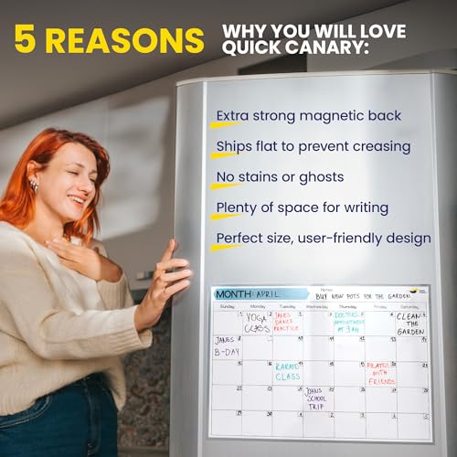 Quick Canary Magnetic Fridge Calendar - 17x12¡± Stain-Resistant Dry Erase Board - Starts Sunday, Strong Magnet, Organizes 2025 Family Events, Routines, Reminders - With 4 Markers & Eraser