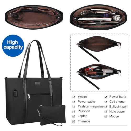 Laptop Tote Bag for Women 17.3 Inch Laptop Bag Large Teacher Tote Bag Waterproof Nylon Work Bag with Wristlet Wallet Computer Tote Bag Handbag Satchel Shoulder Bag (2pcs)