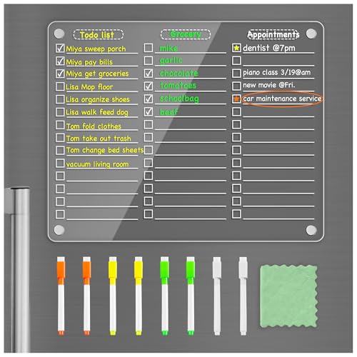 PigPotParty Acrylic Magnetic to Do List White Board for Refrigerator, 12"x9.5" Clear Dry Erase Board, Fridge Grocery List Magnet Checklist Whiteboard for Adult Family Kids, w/ 8 Markers and 1 Towel