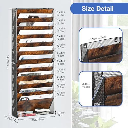 12-Tier Wall File Organizer, Wood Mail Organizer Wall Mounted Paper Document Magazine Holder, Hanging Clipboard Storage Basket with Tray for Office Home School Organization, Black/Antique