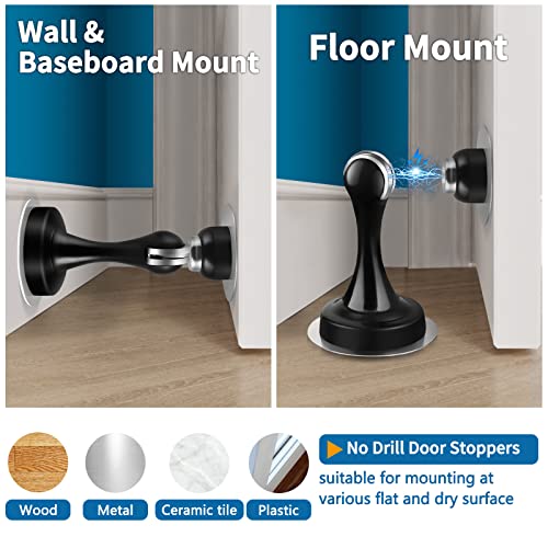 Magnetic Door Stoppers 10 Pack, Stainless Steel, Black Magnetic Door Catch Holder, Heavy Duty Doorstops with Double-Sided Adhesive Tape
