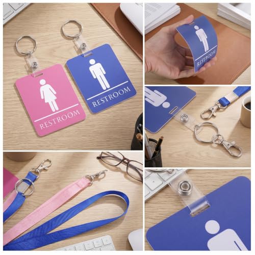2-Pack Classroom Bathroom Passes with Keychain & Lanyard - Pink & Blue