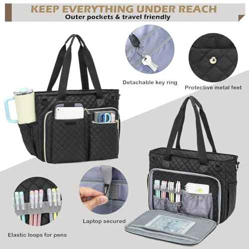 Teacher Tote Bag - 15.6 inch Laptop Teacher Bags for Women, Nurse Bags for Work, Nursing, College, Office & Commuter, Womens Briefcase Quilted Tote Handbag with Insulated Pockets, Black