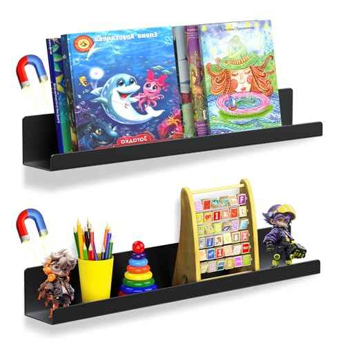 2 Pack Magnetic Book Shelf for Whiteboard - 17 Inch Reusable Metal Magnetic Shelves, Holds 12 lbs, Magnetic Book Display for Classrooms, Kitchen, Kids' Room - New Black