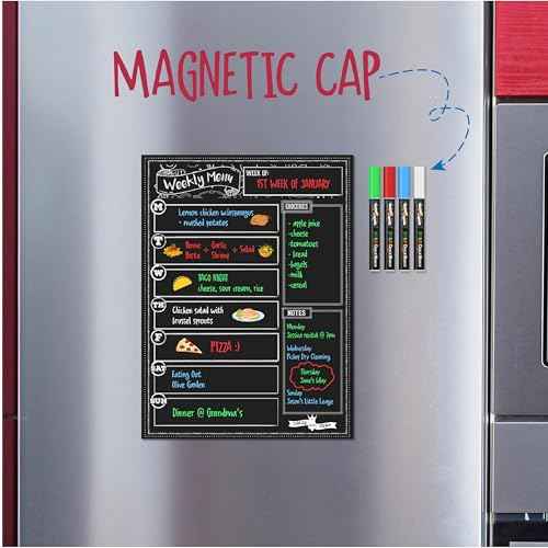 CHALKY CROWN Magnetic Dry Erase Menu Board for Fridge Includes 4 Liquid Chalk Markers - Weekly Meal Planner Blackboard, Grocery List & Notepad for Kitchen Refrigerator - Chalkboard Magnet