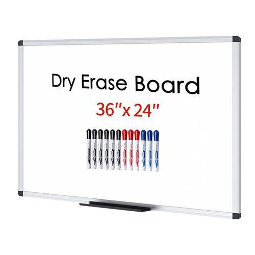 VIZ-PRO Dry Erase Board/Whiteboard, 36 X 24 Inches, Wall Mounted Board for School Office and Home, with 12-Count Markers