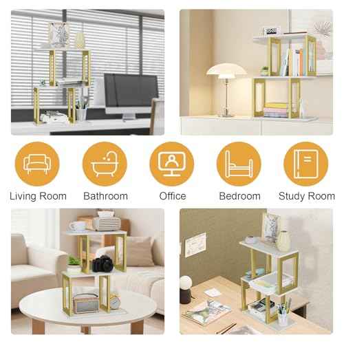 Book Shelf, 3-Tier Desk Shelf for Desktop Organizer, Wood and Metal Desktop Shelf Display Shelf Desk Hutch for Dorm Office Home White with Gold