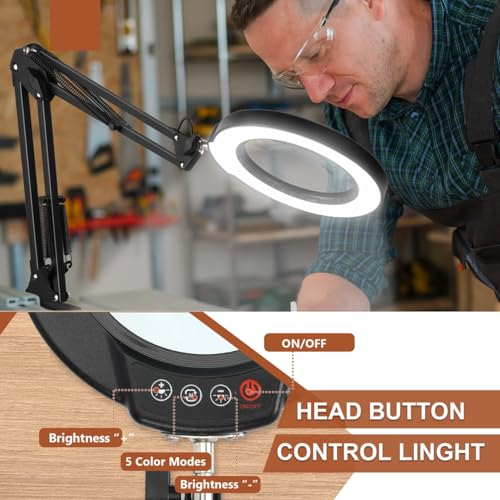 LANCOSC 10X Magnifying Glass with Light and Stand, 3-in-1 Adjustable Swing Floor Lamp, 5 Color Modes Stepless Dimmable, LED Lighted Hands Free Magnifier & Clamp for Reading, Crafts, Painting, Esthetic