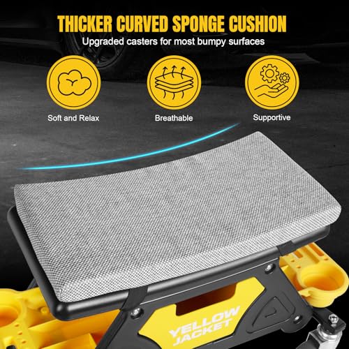 YELLOW JACKET Mechanic Stool with Wheels Rolling Stool Chair 300 lbs Capacity,Garage Mechanics Seat with Two Tool Tray and A Drawer Workshop Creeper Seat for Auto Repair Work