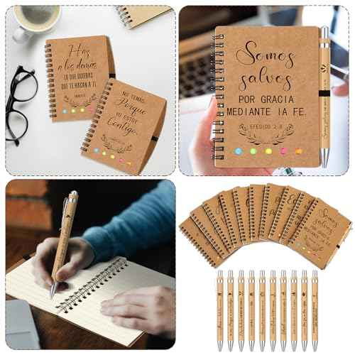 20 Set Spanish Christian Gifts Bulk Religious Notebooks with Bible Verse Pen, Inspirational Spiral Prayer Journal Notepad and Pen Set Church Gifts for Women Men Family Sunday School Church (Kraft)