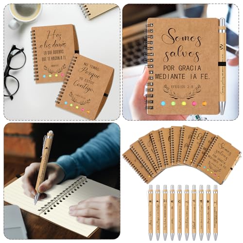 30 Set Spanish Christian Gifts Bulk Religious Notebooks with Bible Verse Pen, Inspirational Spiral Prayer Journal Notepad and Pen Set Church Gifts for Women Men Family Sunday School Church (Kraft)