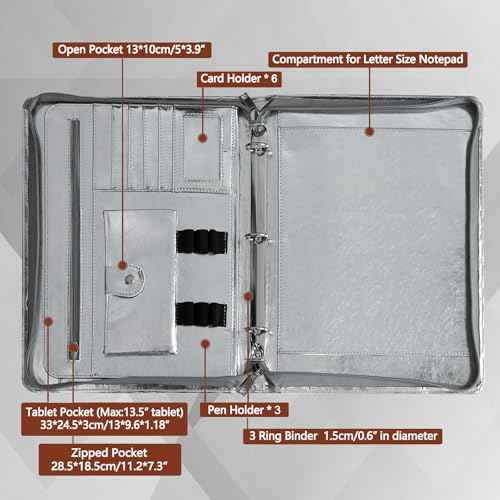 Glossy Silver Eco-Friendly Leather A4 Portfolio with Zipper 5 Card Slots, 1 ipad and 1 Cell Phone Pockets, 3 Pen Holders, 1 Zipped Pocket, 3 Ring Binder, and More