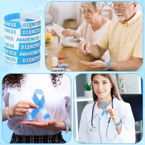 Cunno 200 Pcs Diabetes Awareness Silicone Wristband Bulk Type 1 Diabetes Prevention Rubber Bracelets Diabetic Blue Ribbon Stretch Wristband for Women Men Non Profit Charity Fundraisers Supplies