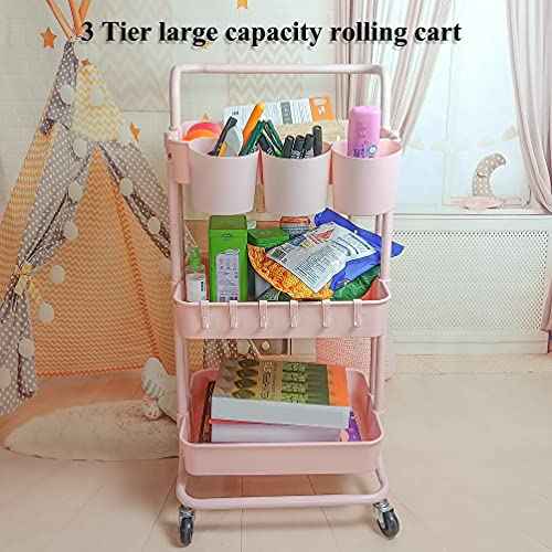 Ceeyali 3-Tier Rolling Utility Cart Storage Organizer Shelf Cart with Lockable Wheels and 3PCS Cups and 8PCS Hooks for Home Kitchen,Bathroom,Office,Laundry Room etc. (3 Cup 8 Hook Pink)