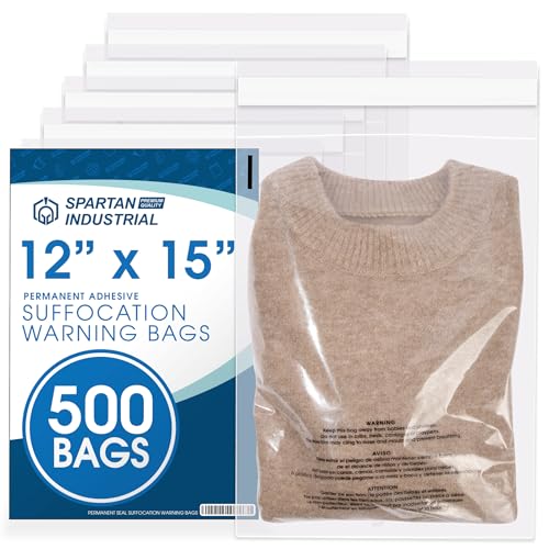 12 x 15 Inch Self Seal Clear Poly Bags 500 Count with Suffocation Warning - Bulk Shipping & Packaging Bags