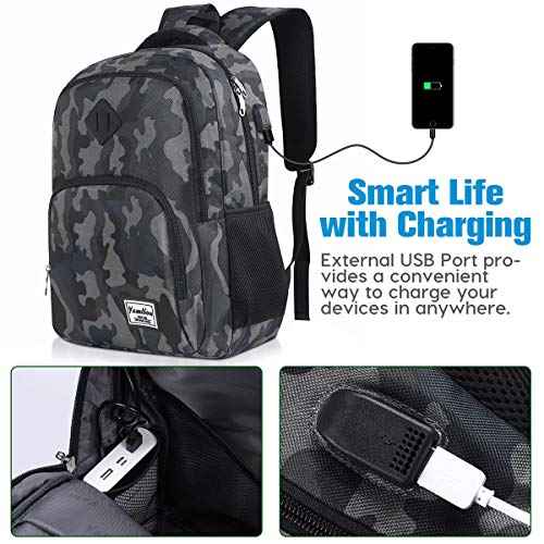 YAMTION 17 Inch School Backpack for Teen Boys,Bookbag for High School College Backpack with USB,Camouflage Black