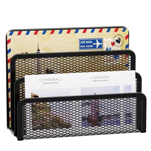Marbrasse Mail Organizer for Desk, 3-Slot Mesh Metal Mail Holder countertop, Letter Holder, Office Desktop Envelope and Document Storage Rack (Black)
