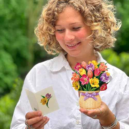 Freshcut Paper Pop Up Cards, Garden Favorites, 6 inch Mini Sized Paper Flower Bouquet 3D Popup Greeting Cards, Birthday Card, Thank You Card, Blank Notecards & Envelopes, Pack of 5