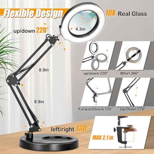 10X Magnifying Glass with Light and Stand, 2-in-1 Lighted Magnifier with Clamp, 5 Color Modes Dimmable LED Desk Lamp Hands Free for Painting Craft Jewelry Sewing Hobby Model Close Work