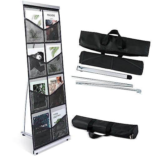 Outus Mesh Literature Brochure Holder with 8 Pocket Portable Magazine Display Roll Up Magazine Rack Lightweight Floor Standing Catalog Office Brochure Display Stand for Business Trade Shows (Black)