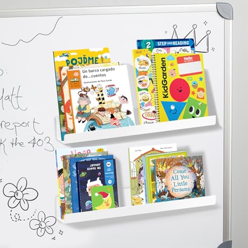 PruQuaiy 2 Pack Magnetic Book Shelf - Acrylic Reusable Display Panel for Whiteboards, Classrooms & Home, Adhesive-Free Storage with 11lb Capacity (White)