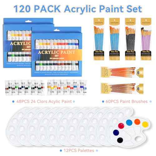 120 Pcs Acrylic Paint Set with 60 Pcs Paint Brushes 48 Pcs Acrylic Paint 12 Pcs Palettes for Watercolor, Oil, Gouache, Painting.
