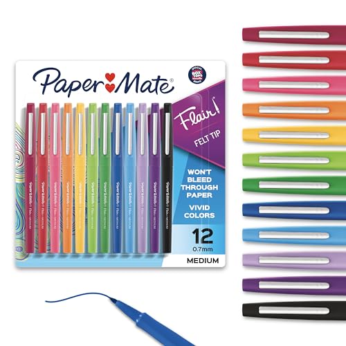 Paper Mate Flair Felt Tip Pens - 12 Count, Medium Point (0.7mm), Bright Colors for Arts & Crafts, Note-Taking & Journaling