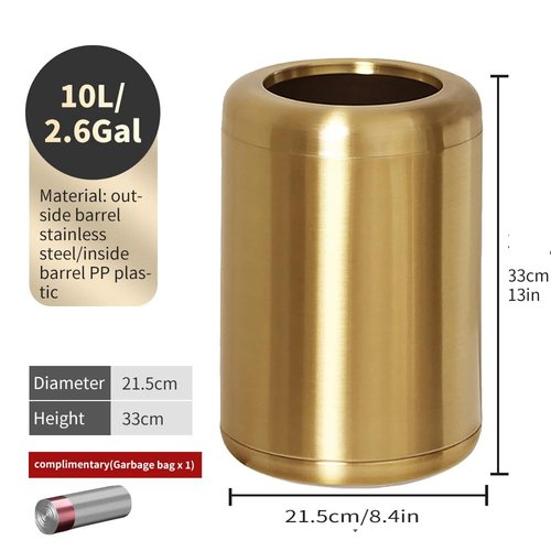 LEASYLIFE 10 L/2.6 Gallon Brass Trash Can, Small Gold Can for Bathroom, Kitchen, Office, Bedroom, Hotel