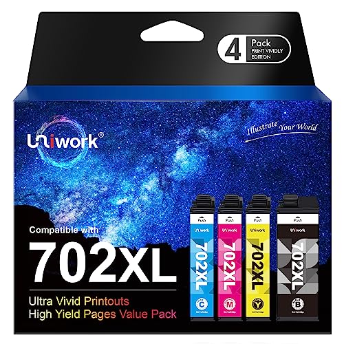 Uniwork 702XL 702 XL 702 Ink Cartridges Remanufactured Ink High Yield Replacement for Epson 702XL 702 702 XL T702XL use with Pro WF-3720 WF-3730 WF-3733 Printer (Black Cyan Magenta Yellow, 4 Pack)