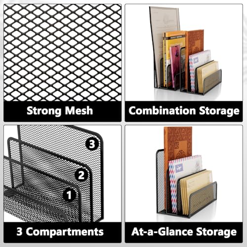 Mesh Mail Organizer 3 Slot Mail Holder for Desk Mesh Letter Sorter File Holder for Home Office Documents, Envelopes, and Postcards Paper Clip Holder set (Black)