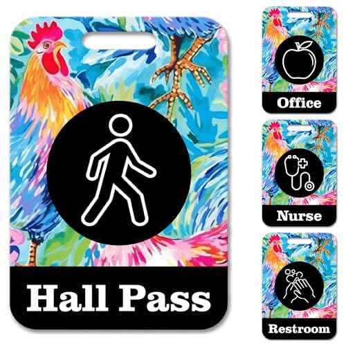 Heavy Duty Metal Hall Passes for Teachers and Schools - Preppy Chickens - Set of 4